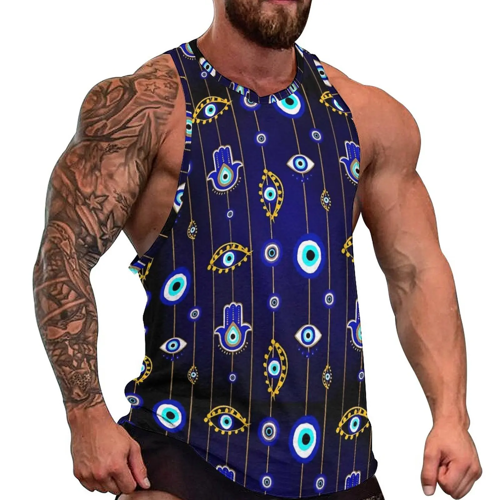 

Evil Eye Tank Top Males Chains Print Workout Oversize Tops Summer Sportswear Pattern Sleeveless Vests