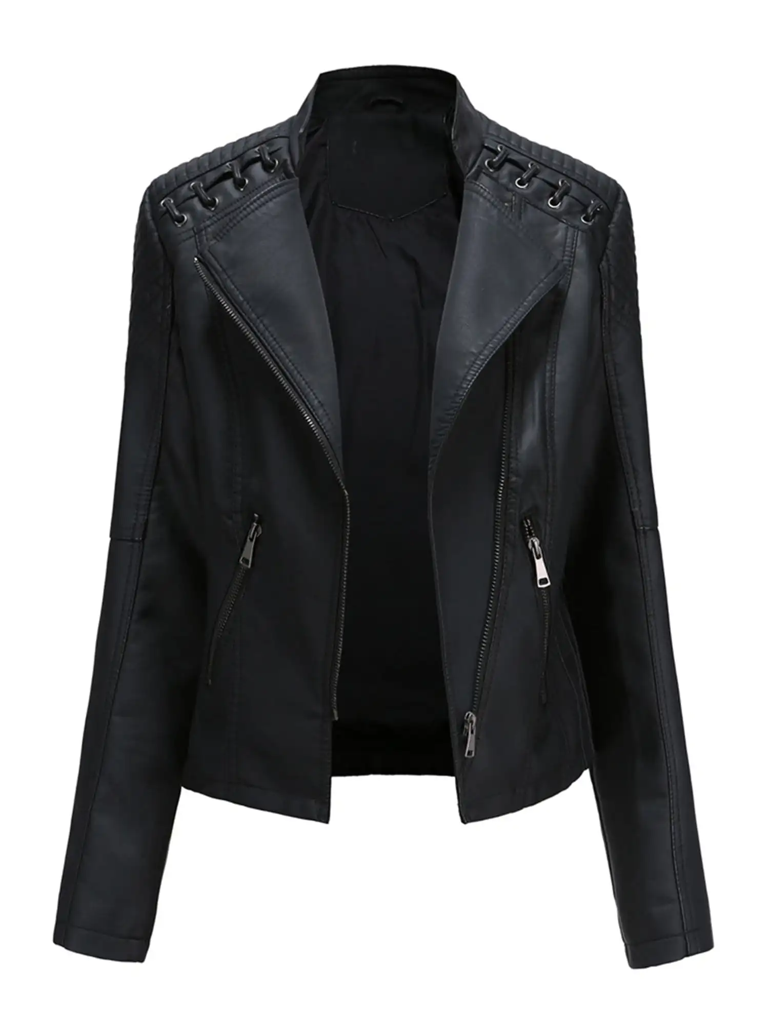 

Women Faux Leather Jacket Long Sleeve Lapel Zip Up Short Coat with Pockets Winter Autumn Motorcycle Jacket Outerwear Faux Leathe