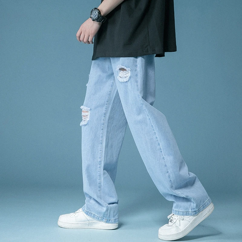 Summer Ripped Baggy Jeans Men Fashion Casual Wide Leg Jeans Street Loose Hip Hop Straight Hole Denim Pants Mens Trousers M-2XL
