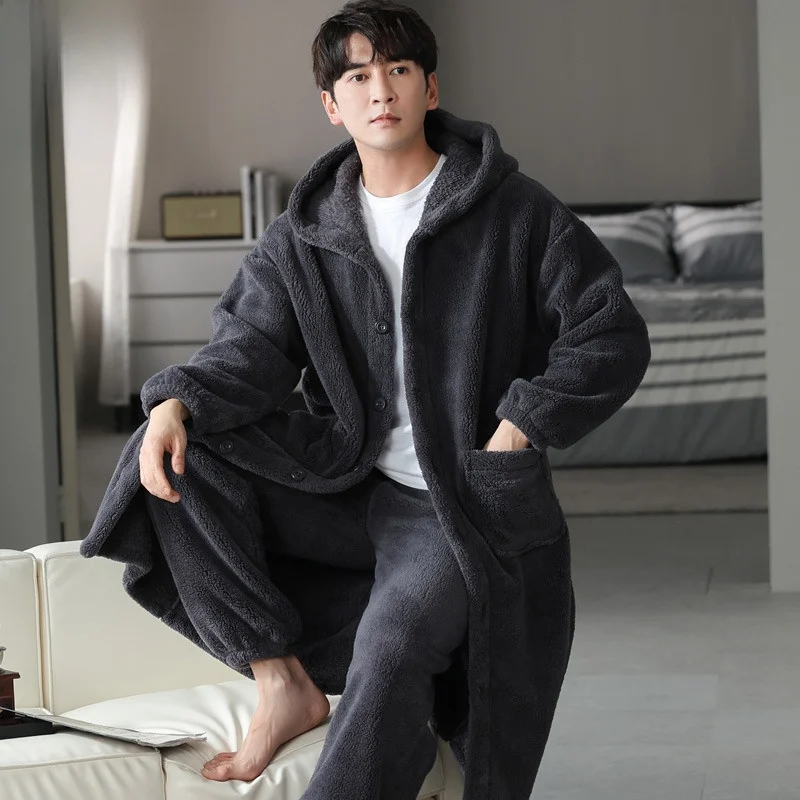 Ночная рубашка с капюшоном мужская зимняя утолщенная длинная пижама X