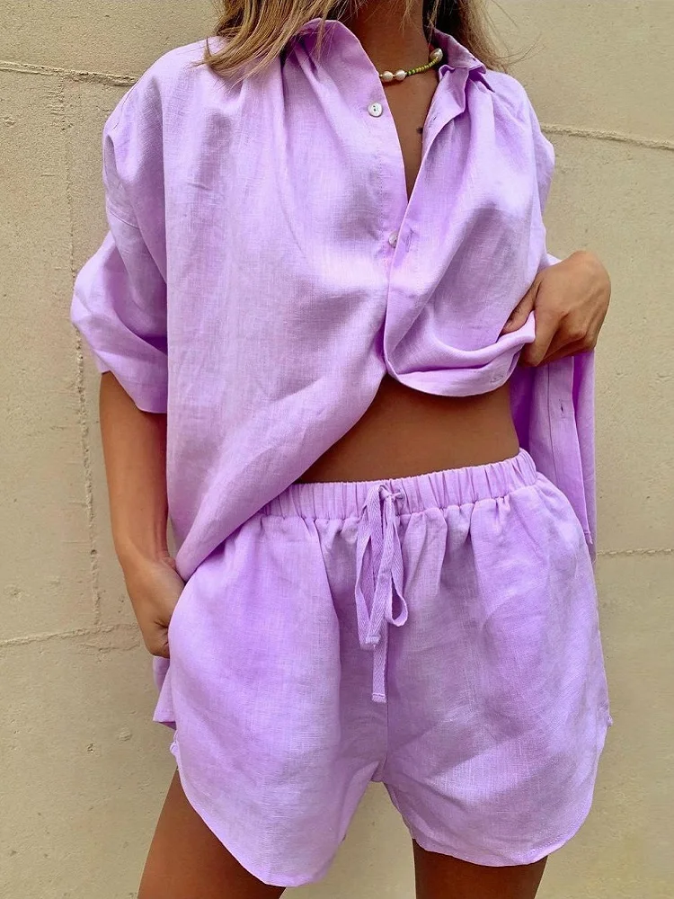 

Casual Womem Lounge Wear Suits Summer Tracksuit Shorts Set Long Sleeve Shirt Tops And Mini Shorts Suit 2022 New Two Piece Set