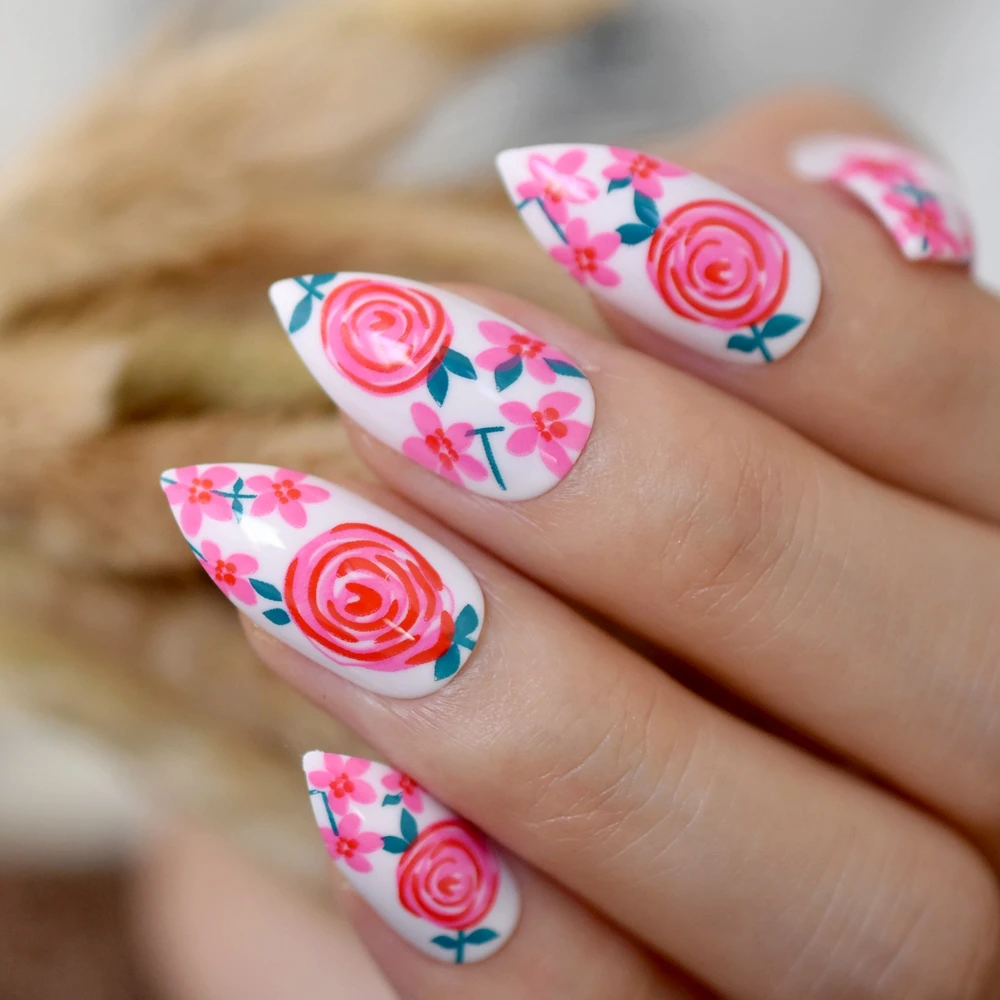 Искусственные ногти на шпильке с цветочным узором розово-красные леденец белые