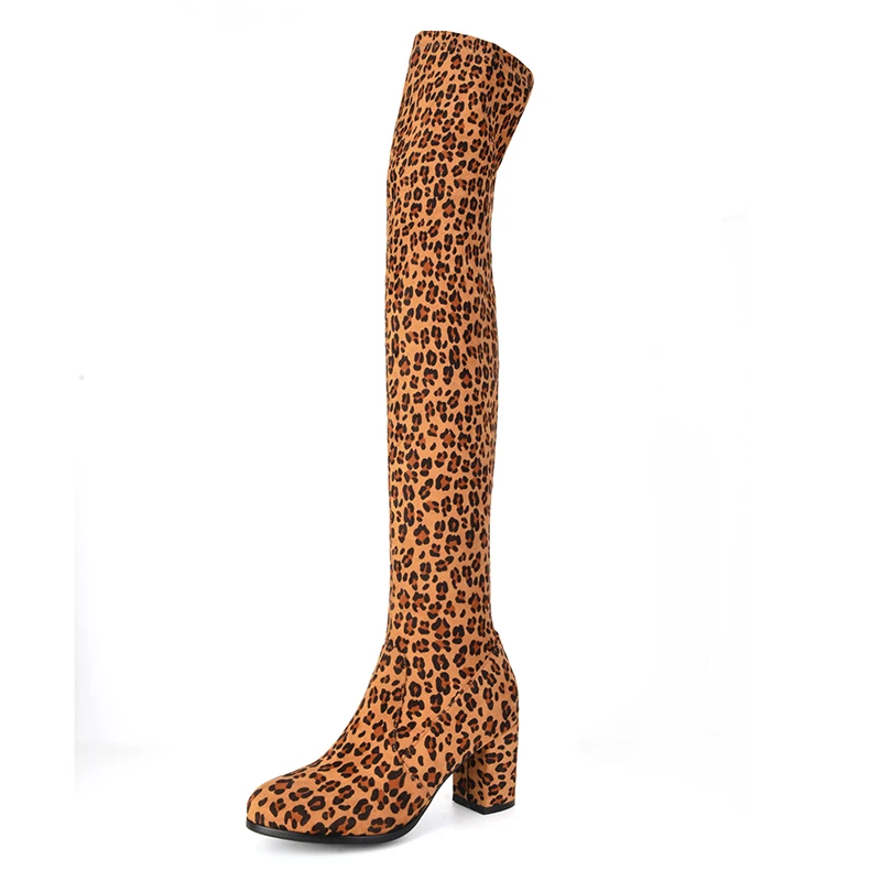 

Flcok Women Leopard Thigh High Boots New Spring Autumn Chunk Heeld Boots Sexy Ladies Black Wine Red Over The Knee Round Toe Boot