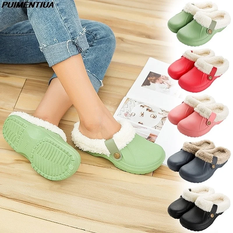 

Non Slip Men Slippers Cotton Plush Warm Winter Waterproof Shoes For Women 2023 Home Indoor Outdoor Mule Thick Sole Soft Slides
