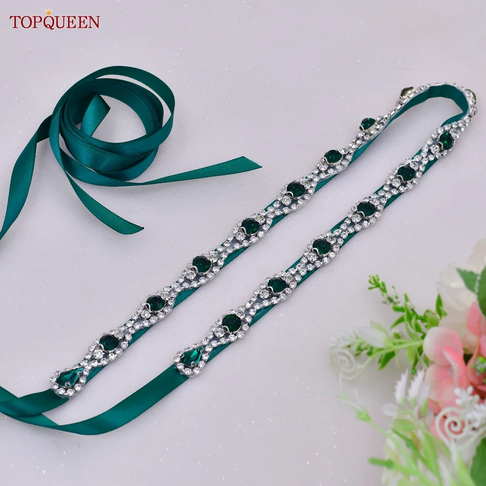 

TOPQUEEN S30 Wedding Dress Belt Green Diamond Handmade Bridal Accessories Rhinestones Appliques Moroccan Caftan Arab Sash