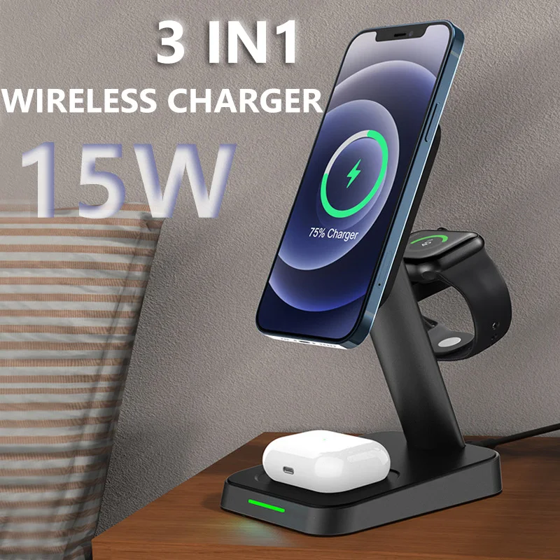 

3 In 1 Magnetic Wireless Charger Mobile Phone Headset iWatch Multifunction Fast Charging 360° Rotate for iPhone 12 Magsafe