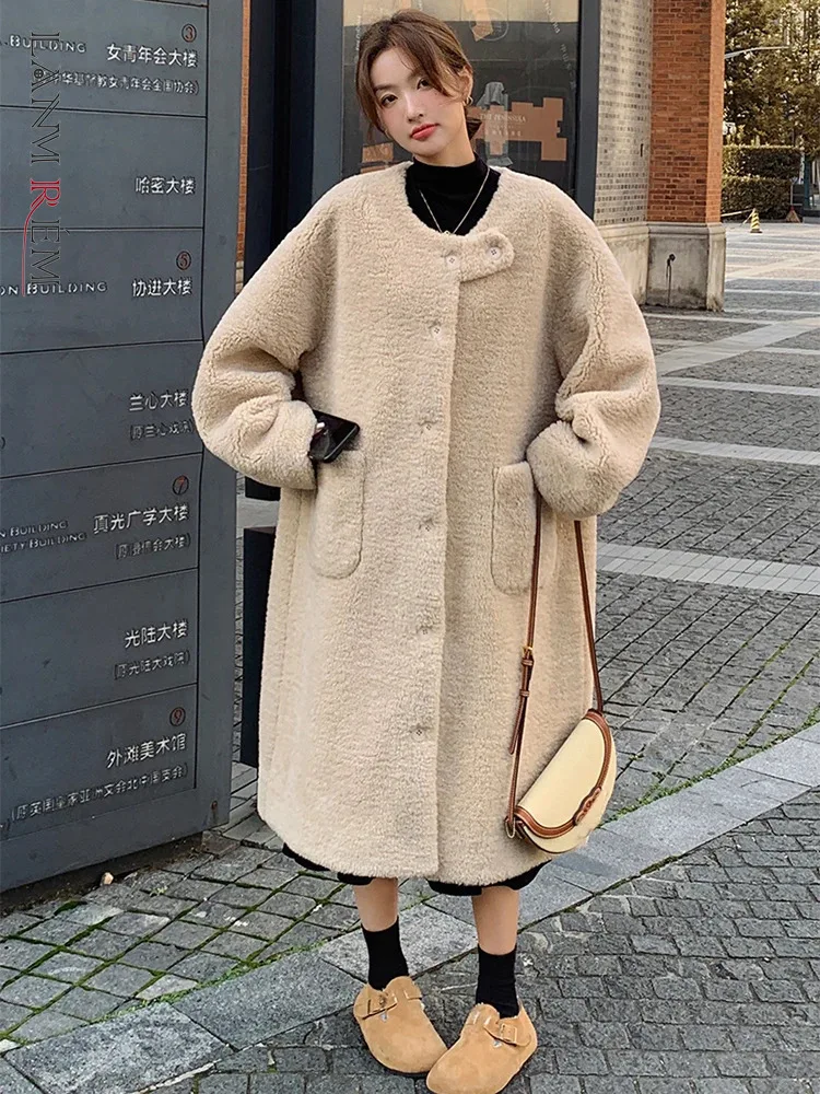 

LANMREM Korean Style Winter Faux Fur Long Coat Women Round Neck Pockets Single Breasted Clothing Fashion 2023 New 2AA3577