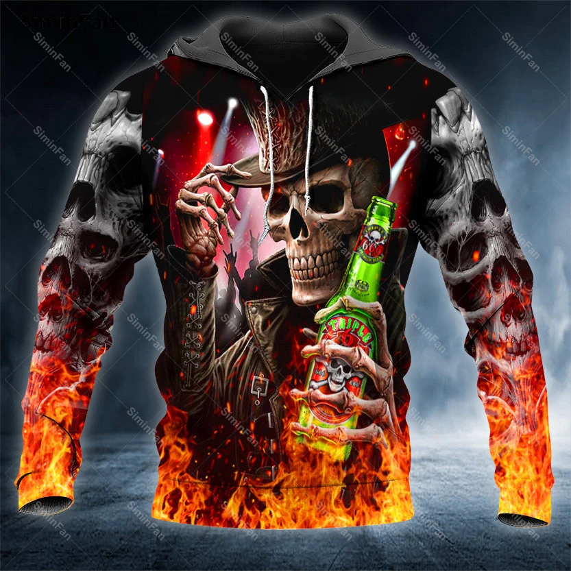 

Punk Rock Heavy Metal Drinker Cowboy Fire Skull 3D Printed Hoodie Zipper Jacket Men Pullover Coat Unisex Outwear Sweatshirt Top