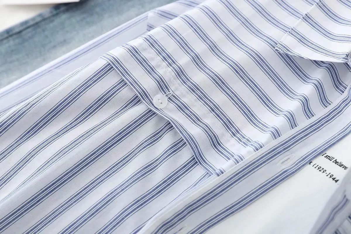 Летняя хлопковая рубашка с длинным рукавом топы в полоску отложным воротником