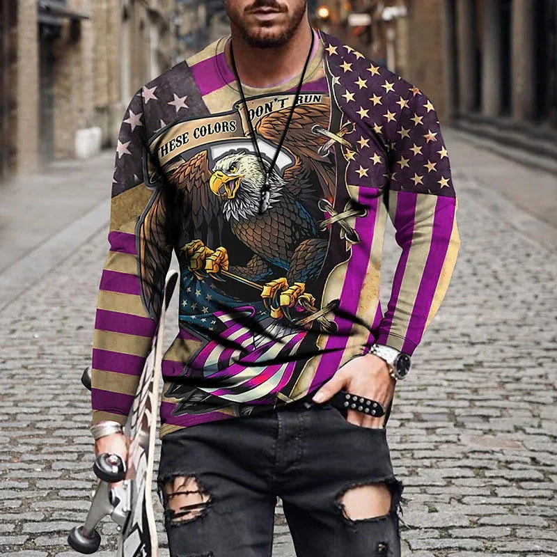 

2021 new European and American men's loose retro round neck star flag eagle skull 3d printing long-sleeved T-shirt top