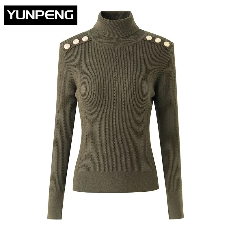 2023 Luxury Designer Wool Blend Luxury Turtleneck Women's Sweater Army Green Warm Winter Padder Shoulder Casual Knitted Tops