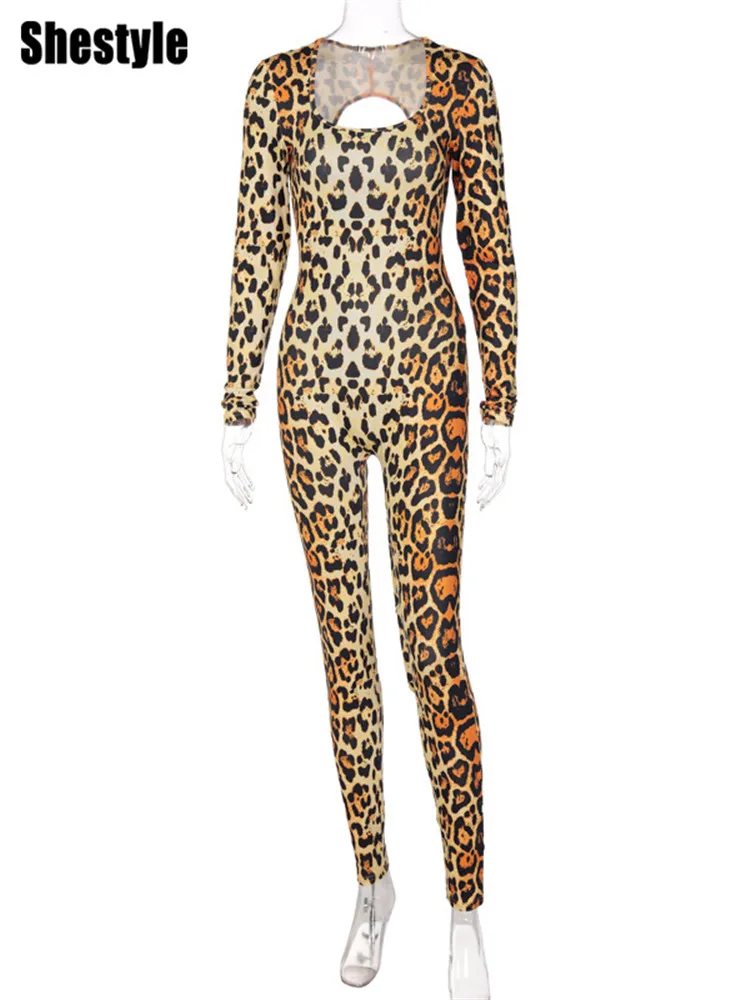 Shestyle Women Jumpsuits with Tail Sexy Backless Leopard Tiger Print Wild Style Skinny Round Neck Christmas Costume 2021