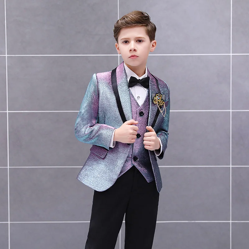 Formal Children's Dress Suit Set Gradient Color Flower Handsome Host Catwalk Wedding Costume Kids Blazer Vest Pants 3pcs Outfit