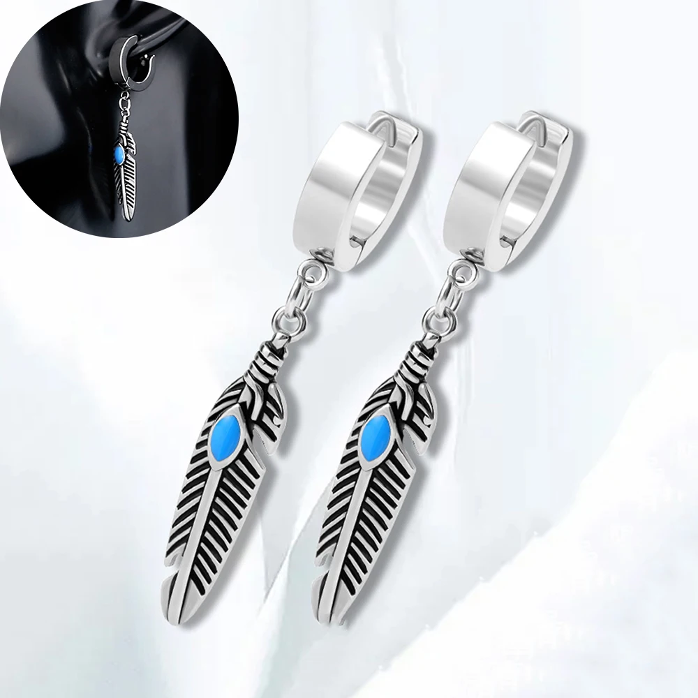 

1Pair Punk Feather Dangle Earrings for Women Men Trendy Titanium Steel Leaf Earring Hoop Piercing Ear Studs Gothic Jewelry Gifts