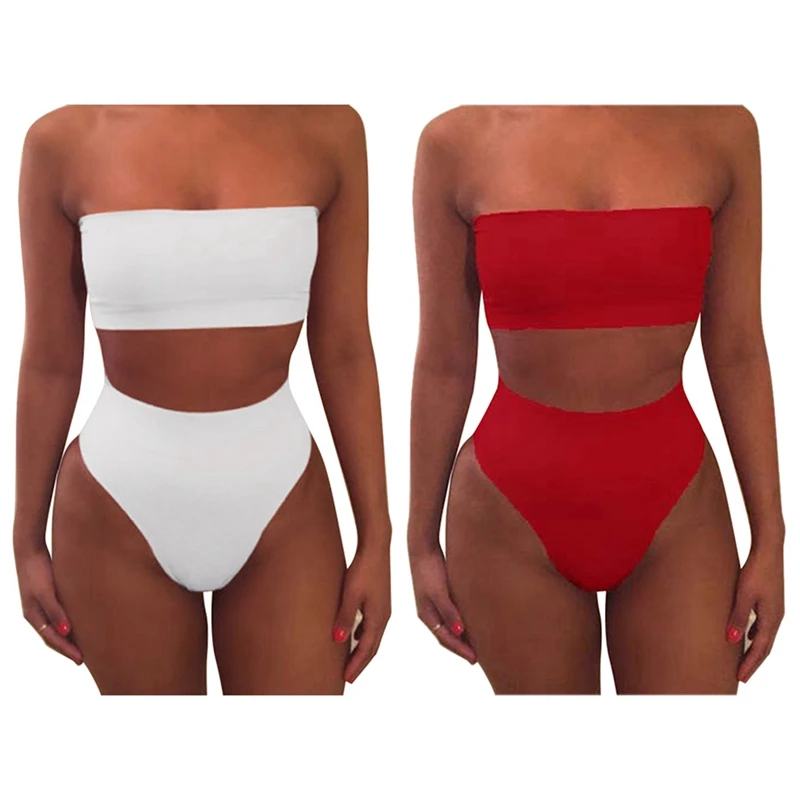 

Women's Sexy Solid Color Tube Top Split Swimsuit 4-Piece High Waist Bikini Suit Swimsuit S White& Red