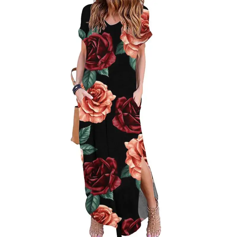 

Fashion Women's Clothing 2022 New Casual Short Sleeve Dress Elegant Vintage Print V Neck Pocket Slit Irregular Long Robe Femme