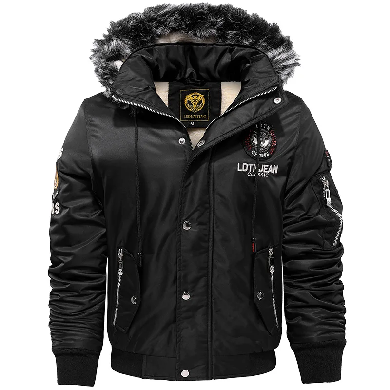 Winter 2022 Thicken Thermal Hooded Jacket Lamb Wool Cotton Clothes Men's Casual Fashion Handsome Embroidery Windproof Overcoat