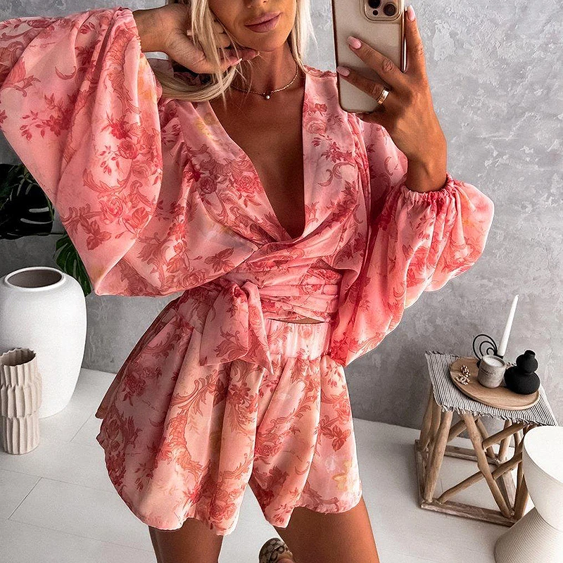 Женский комбинезон с длинным рукавом сексуальный пляжный принтом абайя поясом