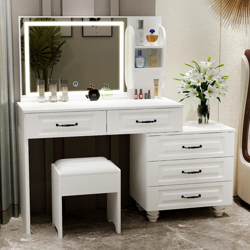 

Bedroom Dressing Table Ins Wind Mirror with Lamp Makeup Table Modern Minimalist Retractable Dressing Table Storage Cabinet One