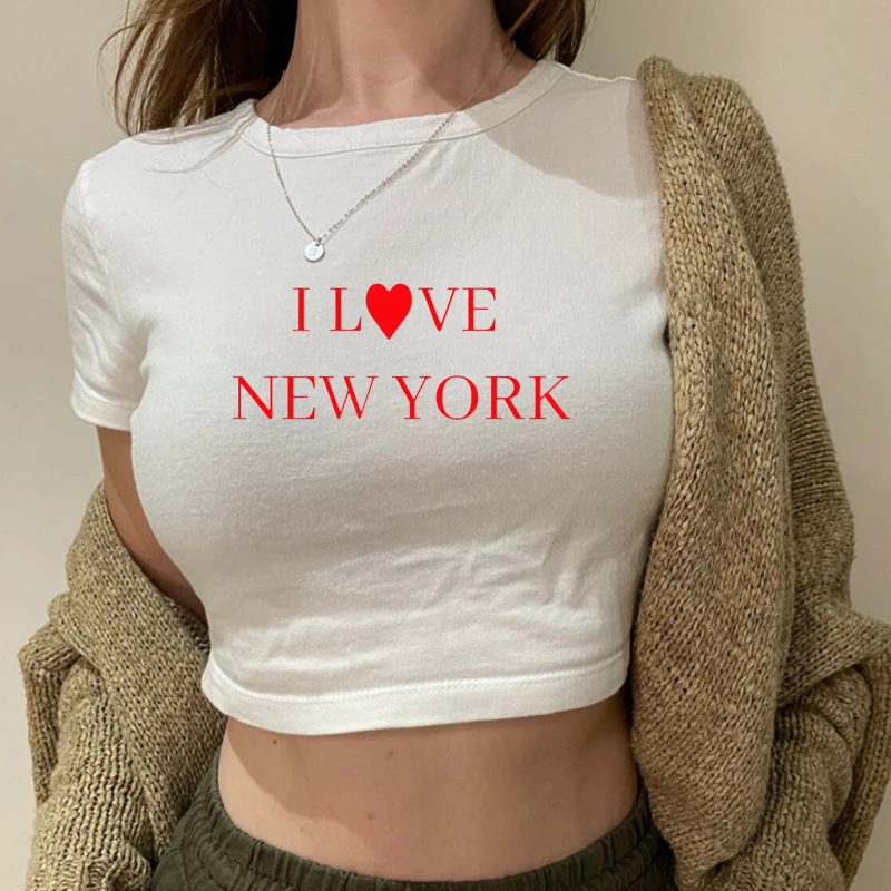 

I Love New York Letters Printed Women Crop Top Streetwear Outfits O Neck Fashion Y2k Clothes Summer Baby Tee Short Sleeve Tshirt