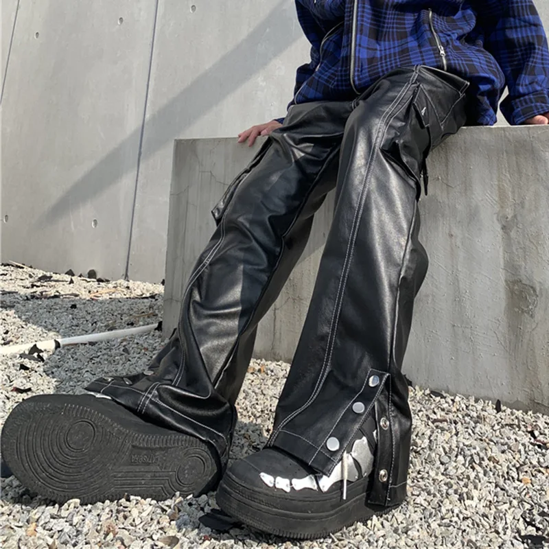 E BOY  Harajuku Elastic Waist Pocekts Black Pu Leather Trousers Mens High Street Solid Color Straight Baggy Trousers Oversized