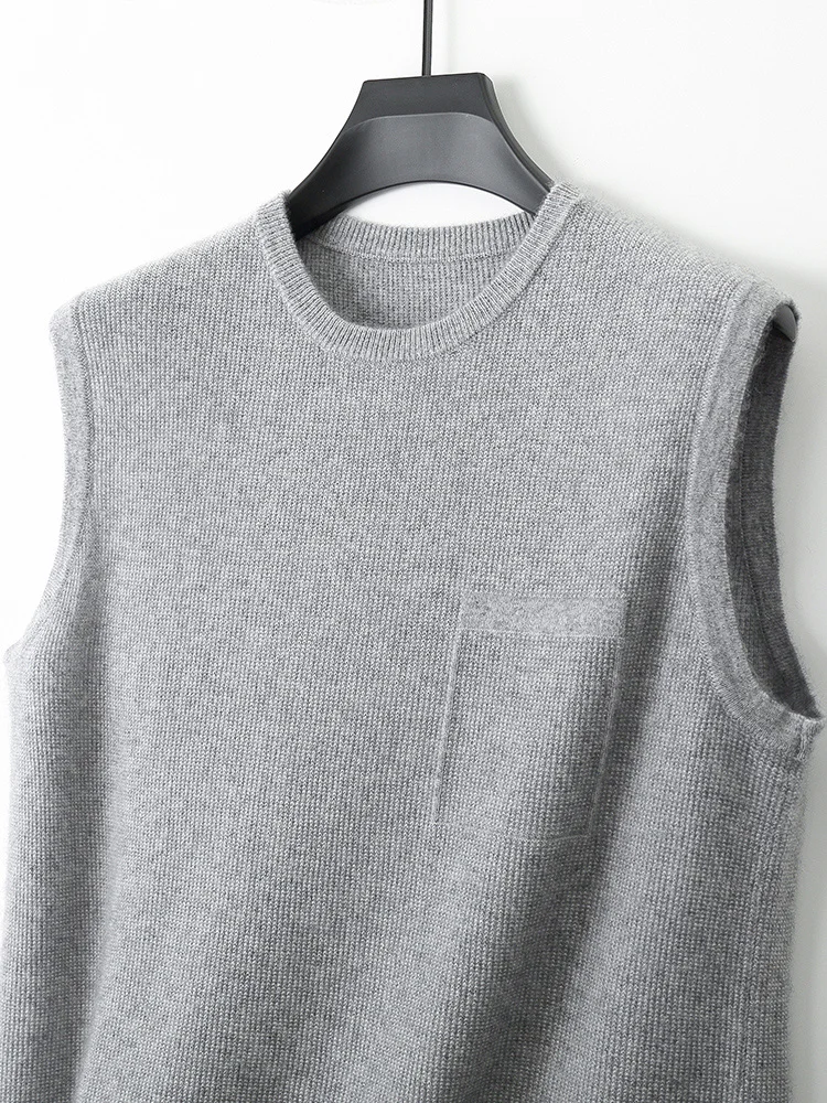 100% чистая шерсть жилет свитер мужской свободный вязаный с круглым вырезом
