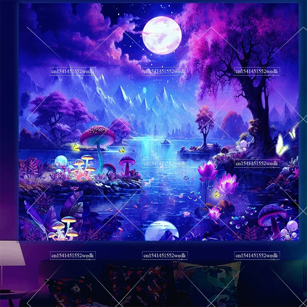Неоновый гобелен в виде грибов бабочек черного света УФ-реактивный лес горы