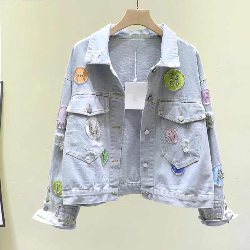 

Модная женская джинсовая куртка Стразы с надписью, свободная короткая женская джинсовая куртка с большими карманами в винтажном стиле с си...