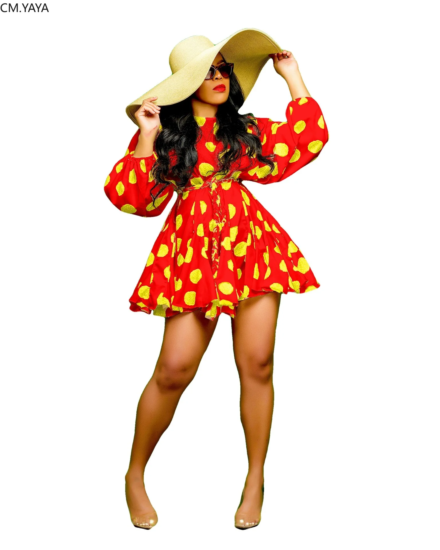 Женское бальное платье с принтом CM.YAYA Осеннее мини-платье круглым вырезом и