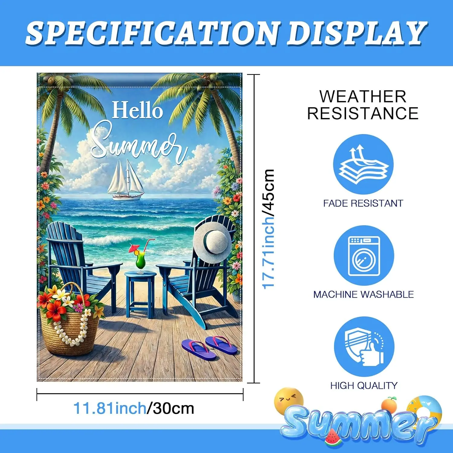 Флаг BlissYard Hello Summer Coastal Garden 12x18, двусторонний, вертикальный, для улицы, с видом на пляж, океан, тропический патио, Y AAS (art.: 3920da68443df) - 3920da68443df