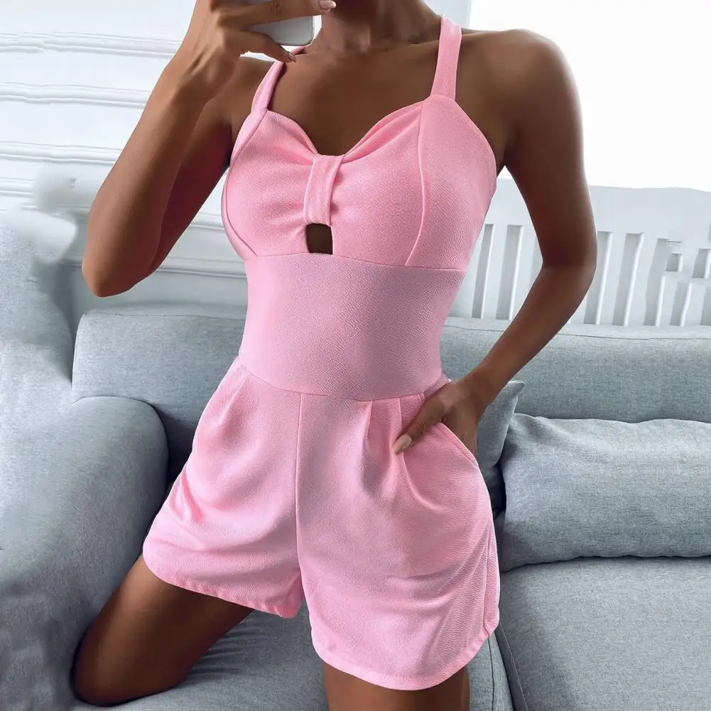 

Solid Color Spaghetti Strap Women Romper One Piece Sexy Slim-fitting Overall Slim Fit Bowknot Sports Romper for Daily Wear