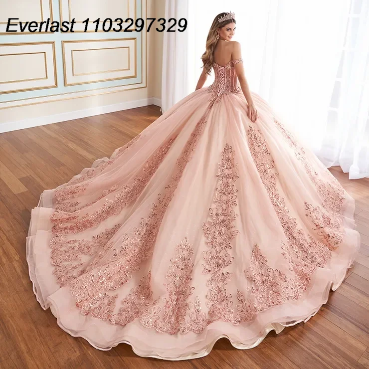 EVLAST индивидуальное румяно-розовое платье Quinceanera бальное с блестящей кружевной