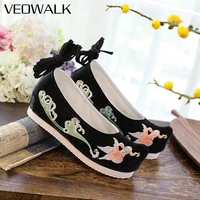 veowalk women satin cotton ankle strap hidden platform shoes vintage chinese style embroidered comfortable hanfu shoes black re