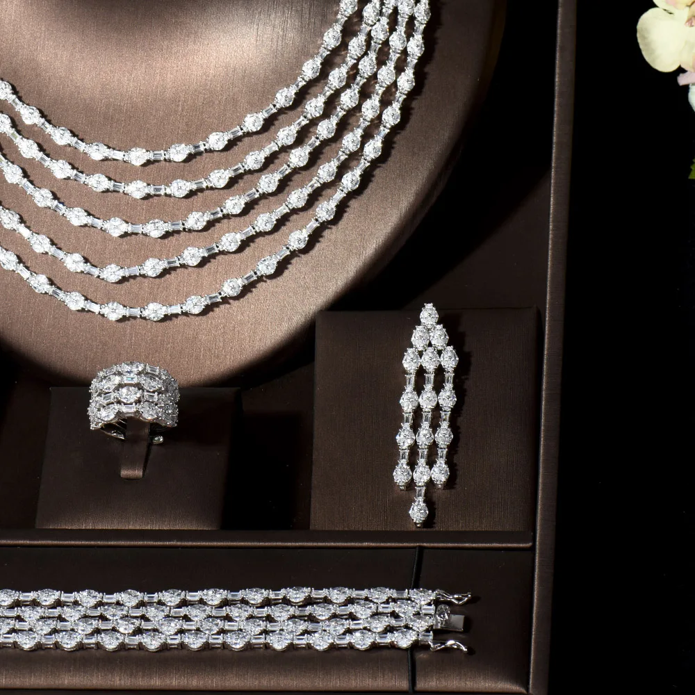 HIBRIDE Luxury Five Layers Long Tassel Necklace and Earring Sets Water Drop Jewelry Sets for Dubai Women Nigeria Wedding N-1150