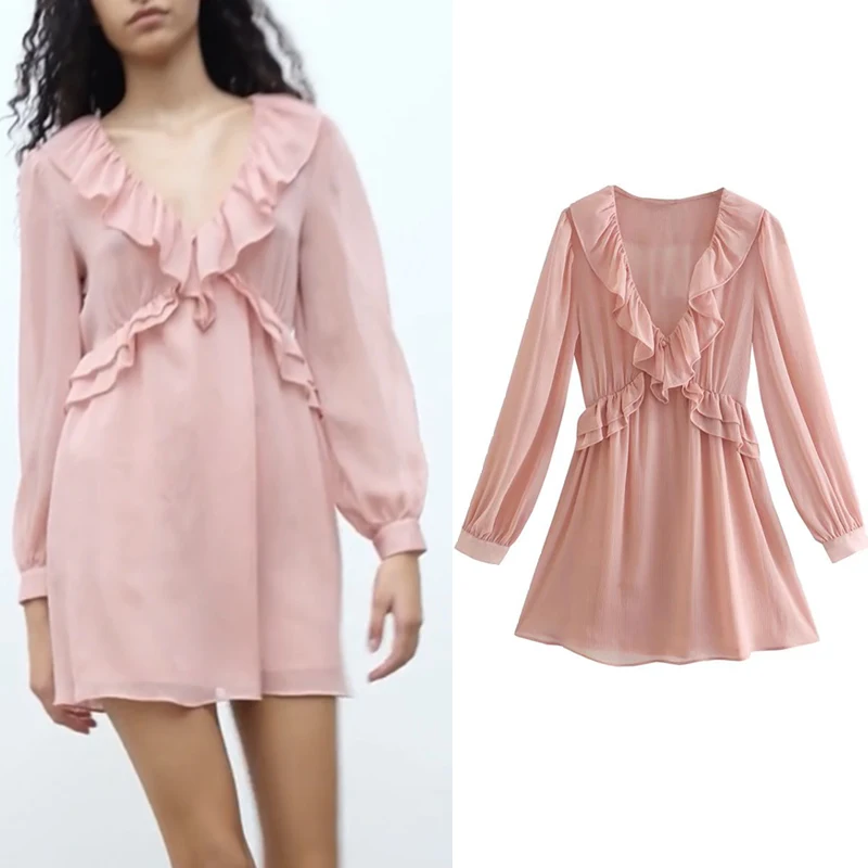 

2022 весеннее женское модное платье с каскадными украшениями, женское короткое платье с длинным рукавом, V-образным вырезом и эластичной тали...