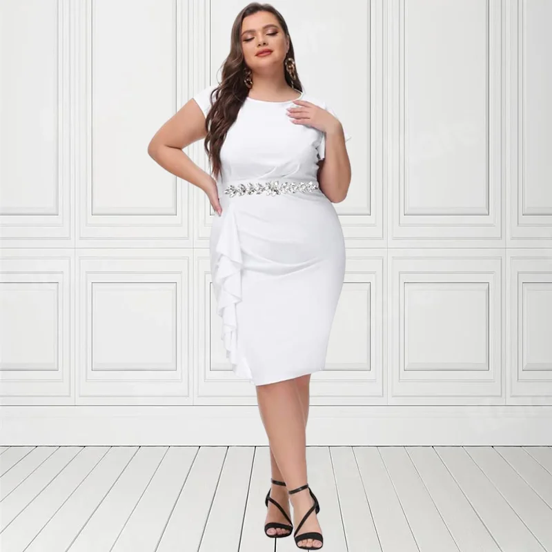 Plus Size Round Neck Stretch Ruffle Short Sleeve Dress 4XL 5XL White Bodyon Elegant Party Women Summer Clothes Midi Dress