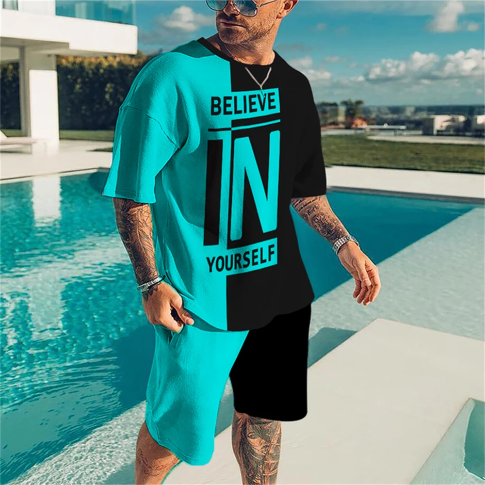 Men's Summer Tracksuit Believe in Yourself T-shirt Shorts Set Sports Outfit Jogging Suit Oversized Clothing Outdoor Streetwear images - 6