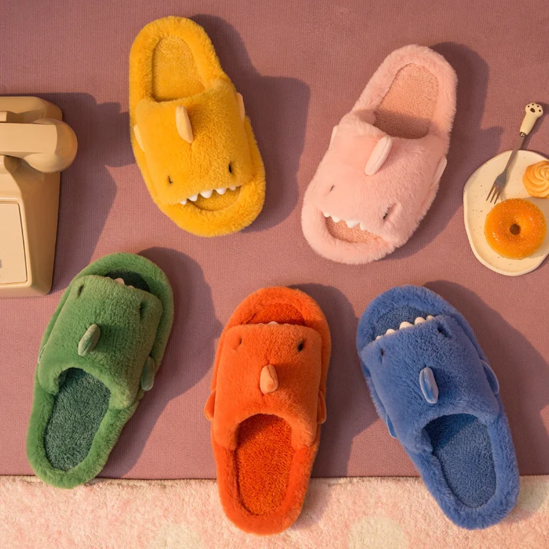 Funny Cartoon Shark Cotton Slippers Men Women Soft Bottom Home Cotton Shoes Winter Plush Warm Open Toe Indoor Shoes Slippers