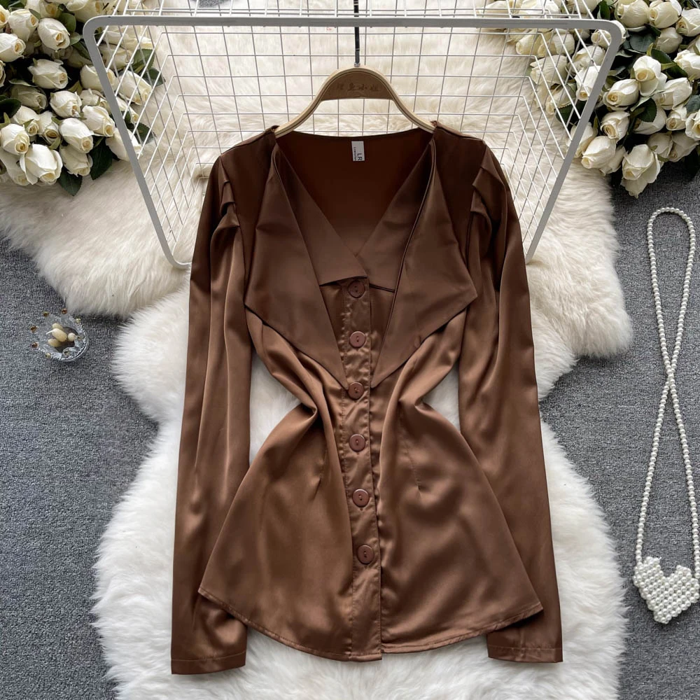 

Осенний Тонкий однобортный Топ с оборками в европейском и американском стиле с длинными рукавами и V-образным вырезом