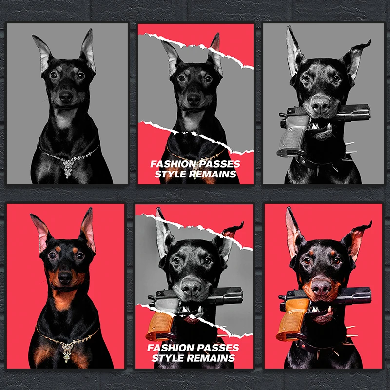 

Современный черно-белый пистолет-доберман, роскошный модный плакат, печать на холсте, живопись, Настенная картина, нордическая гостиная, до...