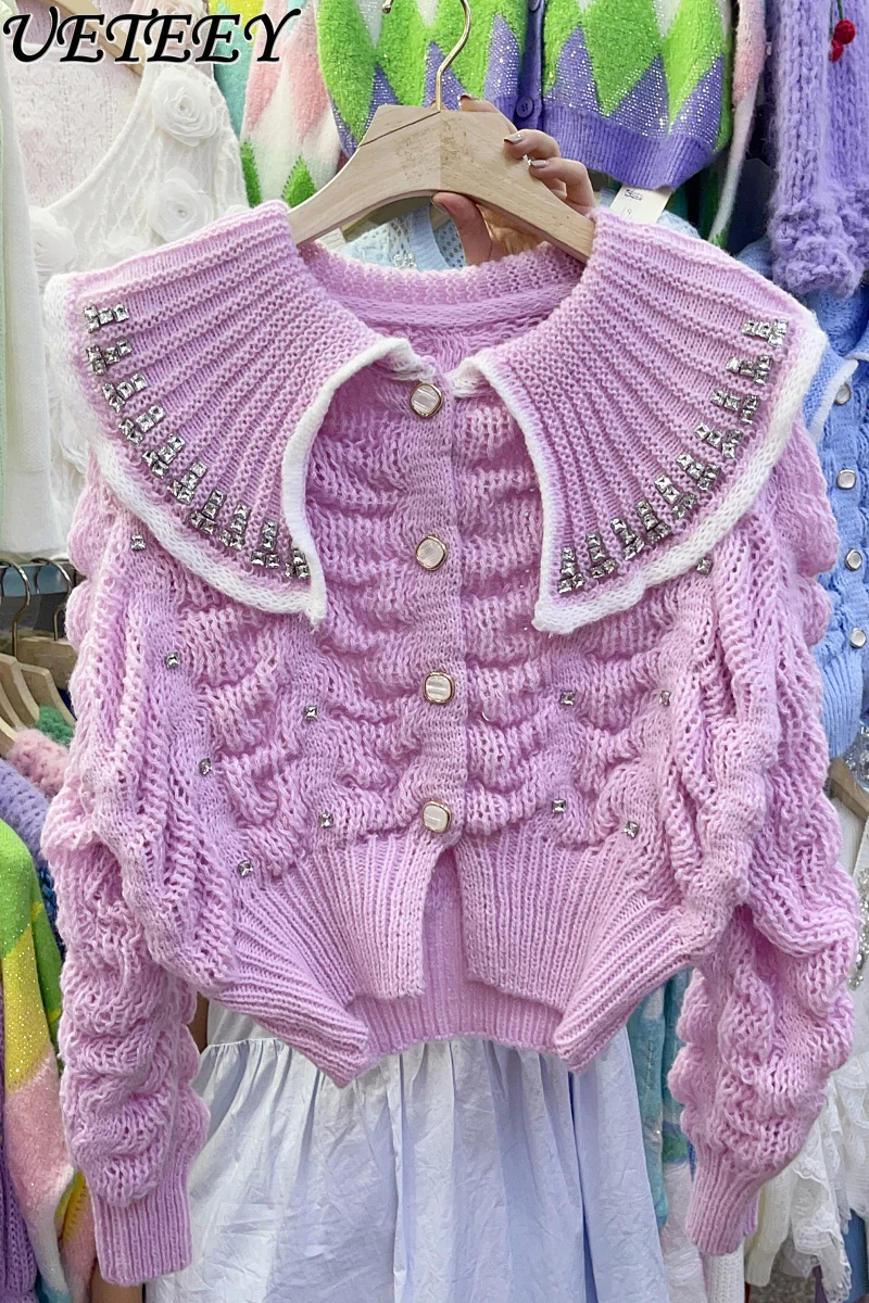 

Korean Style Autumn and Winter 2023 New Exquisite Rhinestone Doll Collar Single-Breasted Elegant Hollow Cropped Sweater Coat