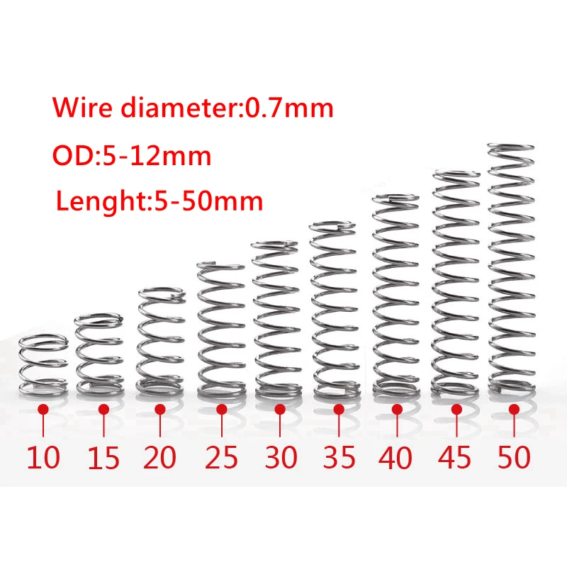 

10pcs Wire Diameter 0.7mm 304 Stainless Steel Compression Spring Return Spring Outer diameter 5-12mm Length 5-50mm
