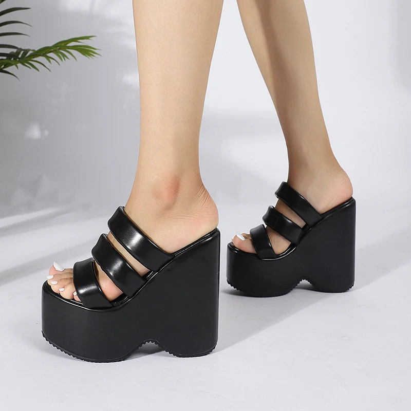 ZOOKERLIN Platform Wedges Black PU Leather Women's Slippers Summer Hollow 14CM High Heels Size 35-42 Slip On Slides Ladies Shoes