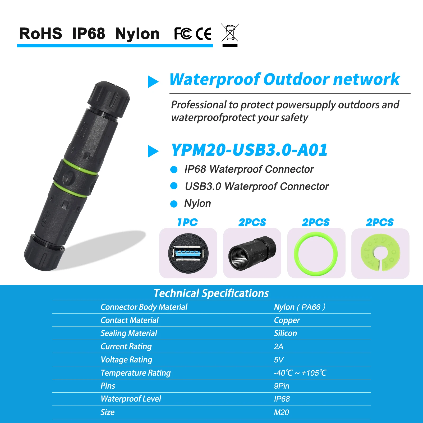 Фото Водонепроницаемый USB 3.0 разъем YXY IP68 для монтажа на панель 20 мм - Сверхпрочный порт для зарядки на открытом воздухе для морского транспорта/автодомов/промышленности №2