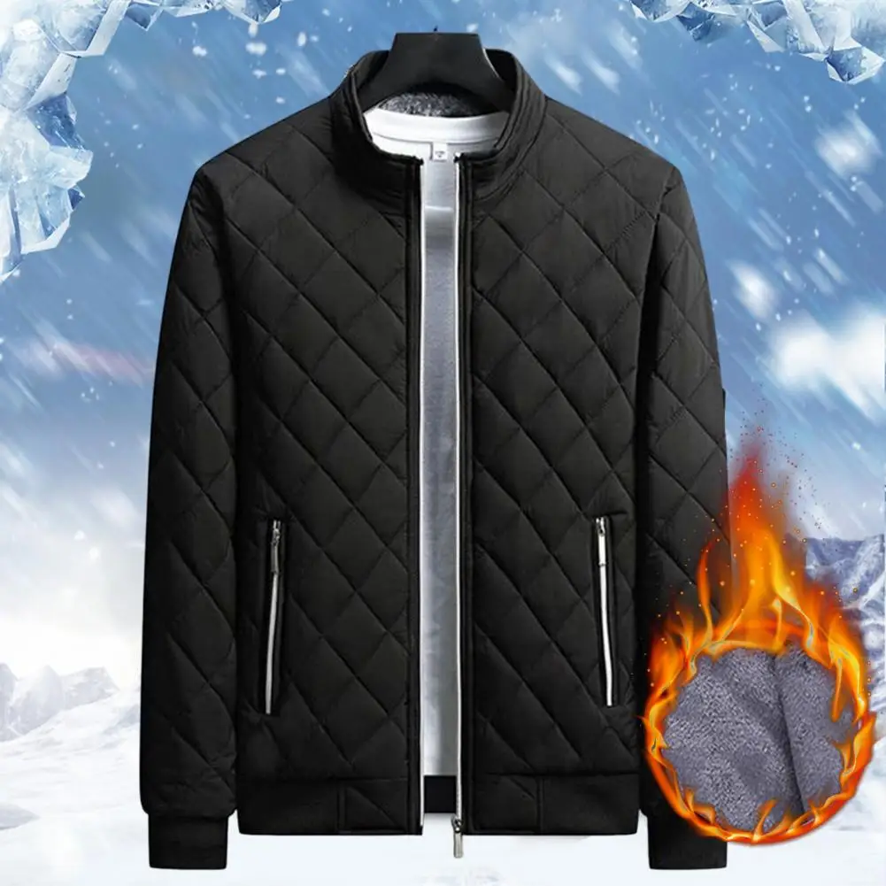 Men Winter Jacket Cotton Padded Plush Lining Solid Color Cold Proof Plus Size Bomber Jacket Coat Windbreaker Streetwear