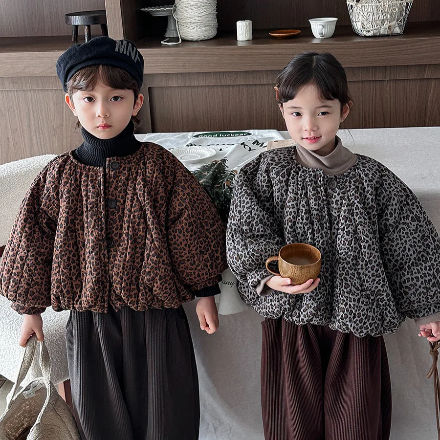 Хлопковое пальто для девочек и мальчиков 2024 детское зимнее новое с леопардовым
