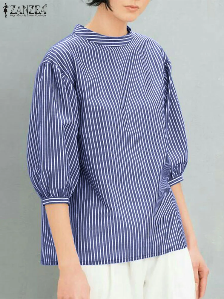 

ZANZEA Korean Stripe OL Shirt Women Summer Blouse Puff Sleeve Stand Neck Blusas Bohemian Holiday Tops Overszie Tunic Chemsie