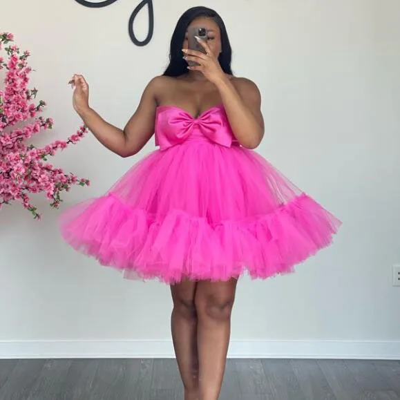 Hot Pink Short Tulle Women Dresses Puffy A-line Tulle Party Dress Strapless Big Bow Mini Girls Dress Outfit