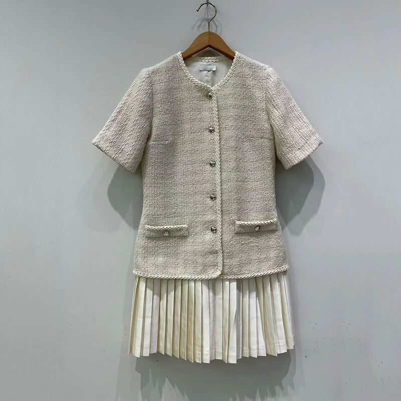 Женское твидовое плиссированное платье короткое из двух частей French Chambray Fake юбка