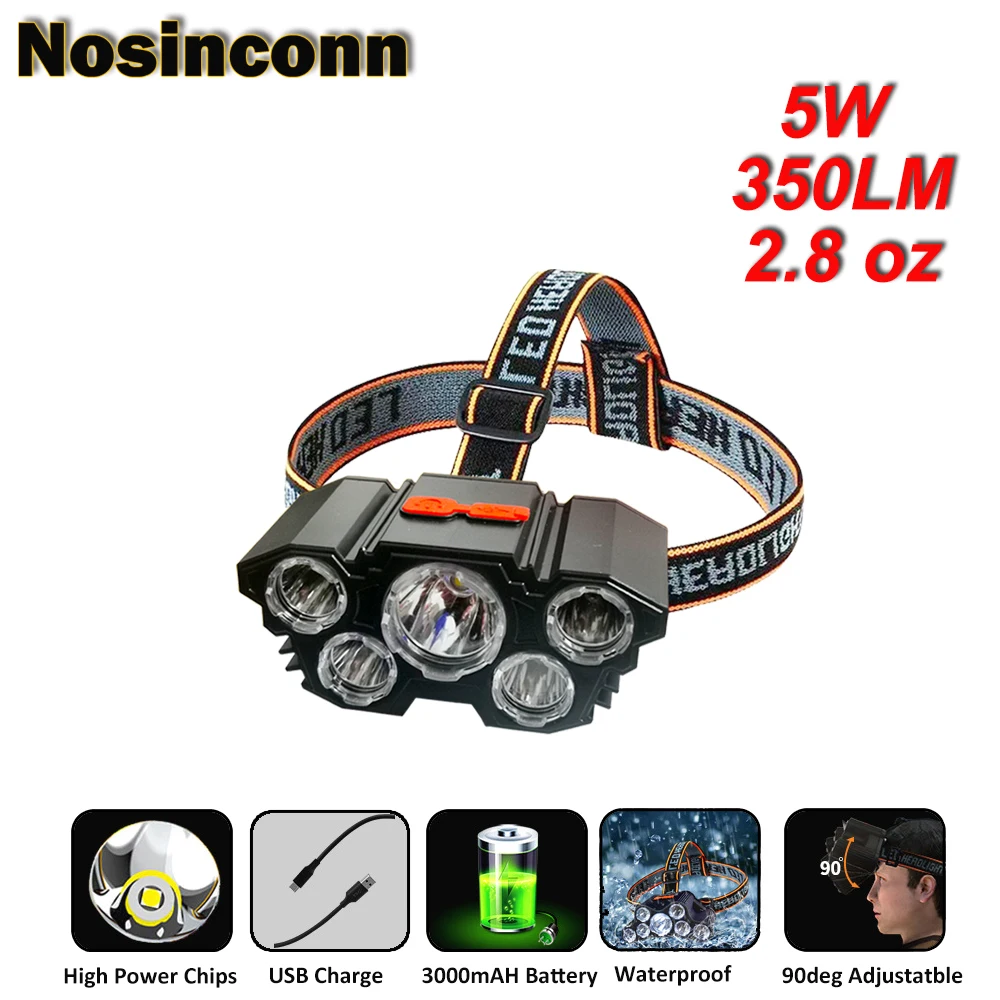 

Lightweight LED USB Rechargeable Flashlight with SOS Strobe Mode Miners Headlamp 5V 3000mAh Battery Long Working LED Headlights